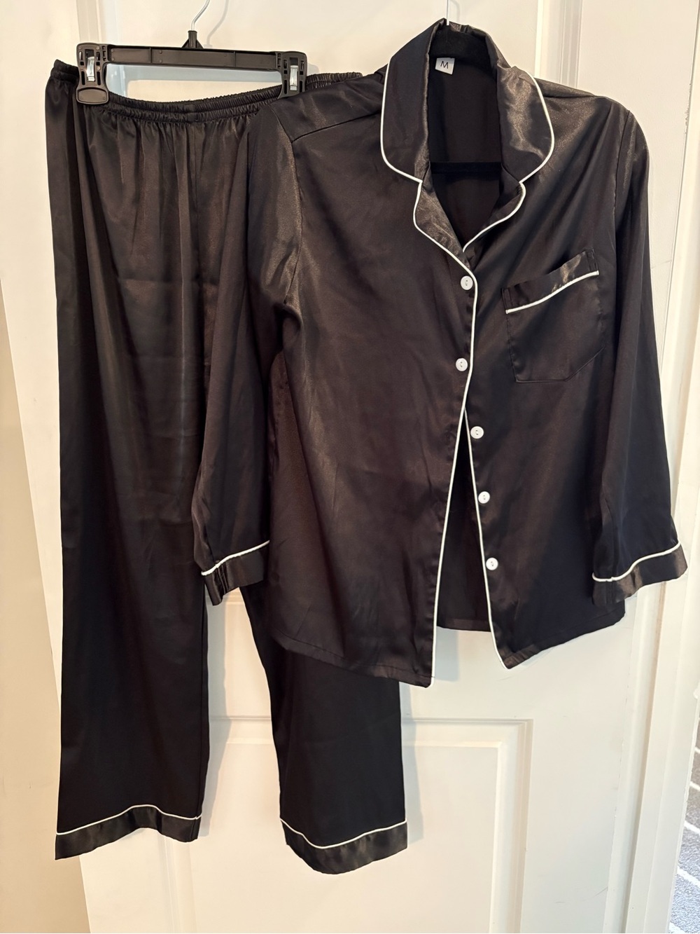 Women’s pajamas Black Satin Button-Up Shirt with White Piping